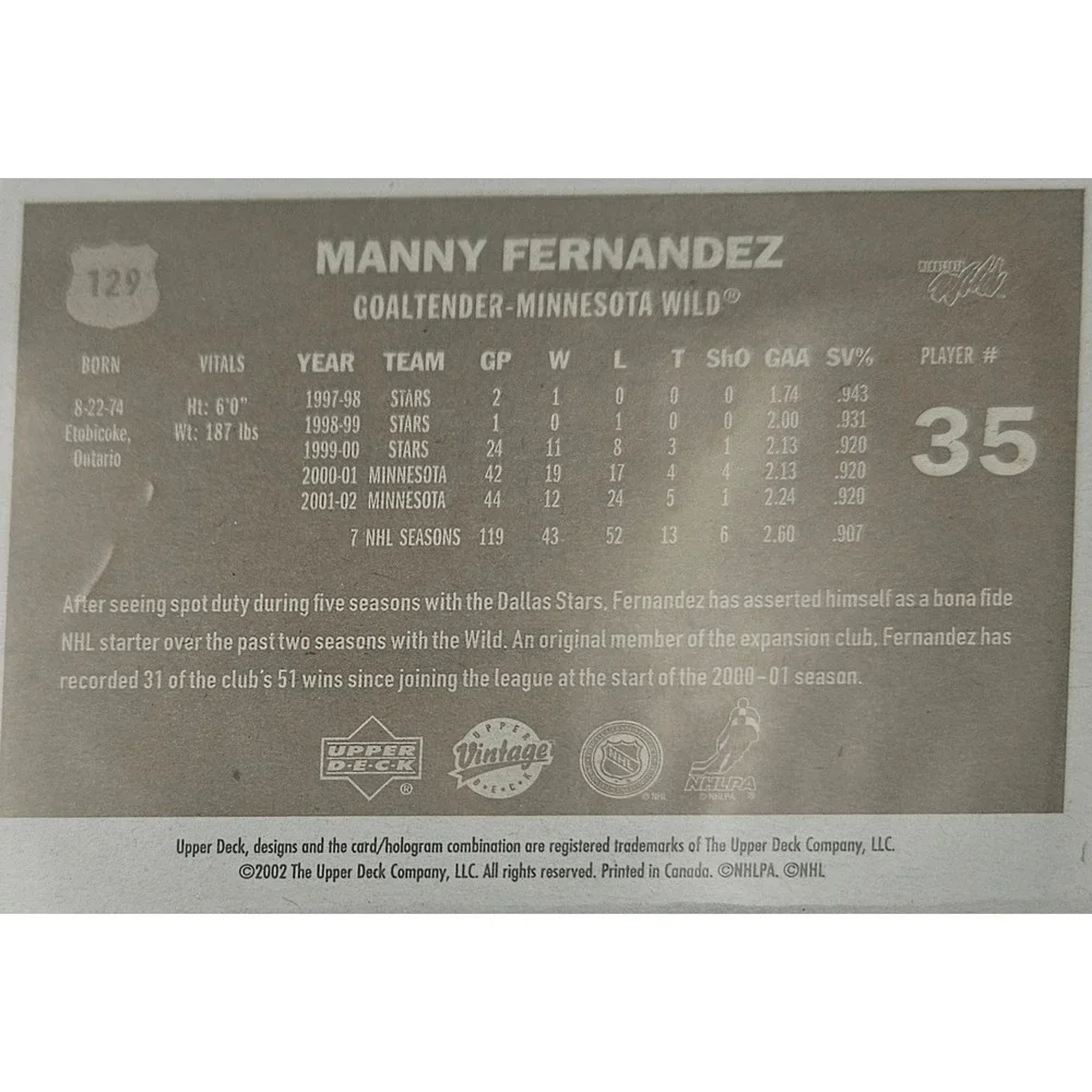 2002-03 Upper Deck Vintage Manny Fernandez #T29‎ Minnesota Wild Goalie NHL Card
